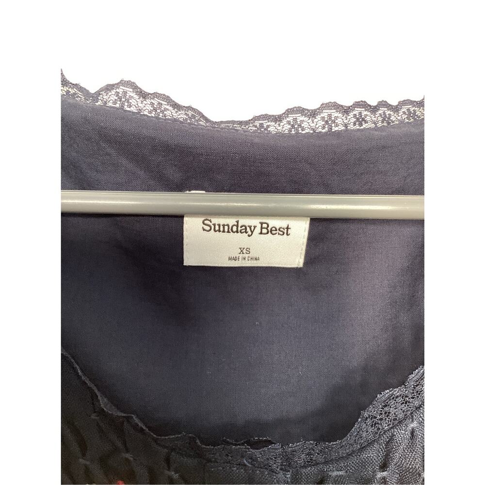 Aritzia Sunday Best Karina Linen Smocked Babydoll Dress XS navy blue lace rose - Picture 7 of 14